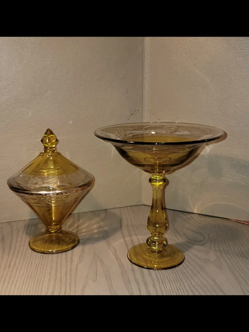 Amber Glass Compote and Lidded And Pedestal Candy Dishes  Set 6x7.5 And 7x8
